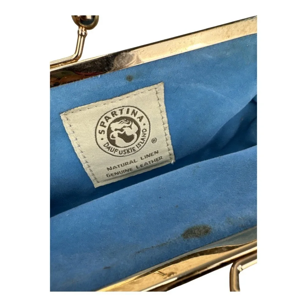 Spartina 449 Navy Blue White Linen Kiss Lock Clutch Wallet Gold Hardware Mermaid